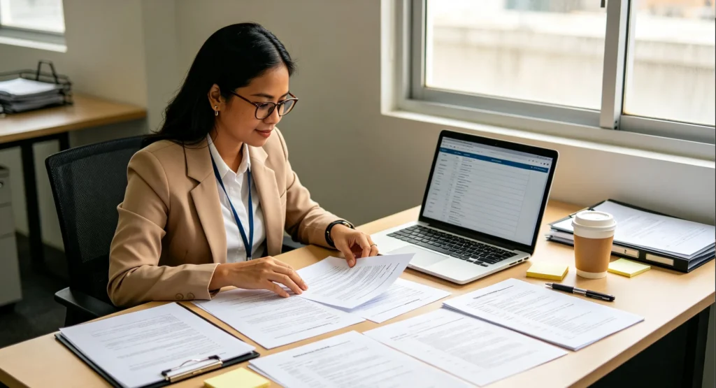 Recruiter reviewing resumes during the hiring process